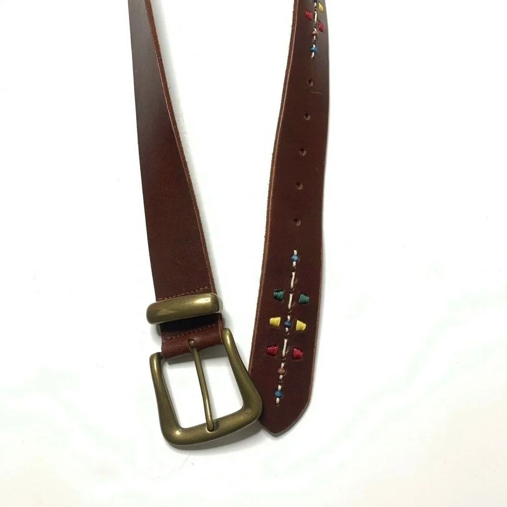FOSSIL Belt Women Size Medium‎ Brown Leather Embroidery Beading BT9109